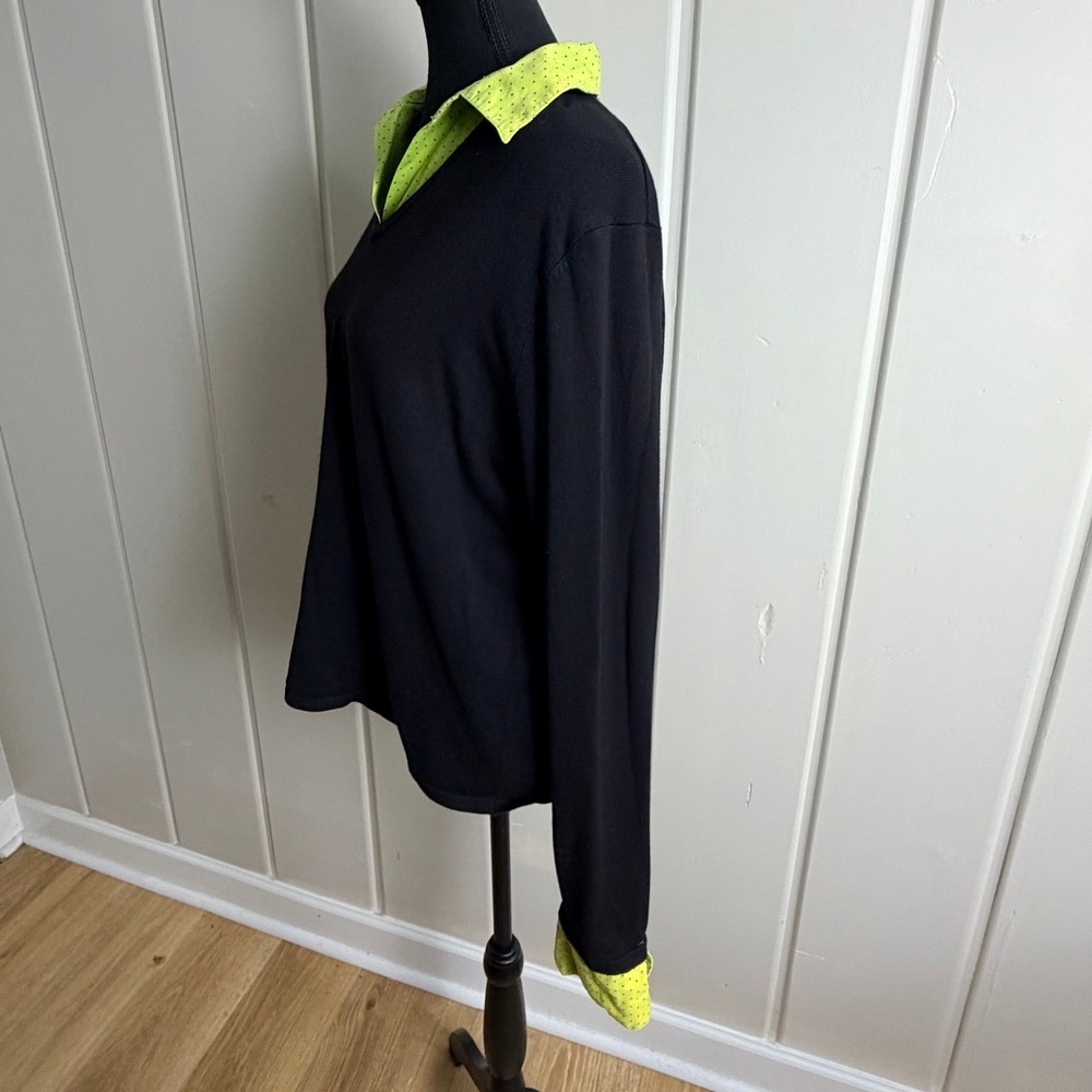 Notations Womens XL Black V-Neck Sweater Neon Green Polka Dot Layered Top - Picture 4 of 8